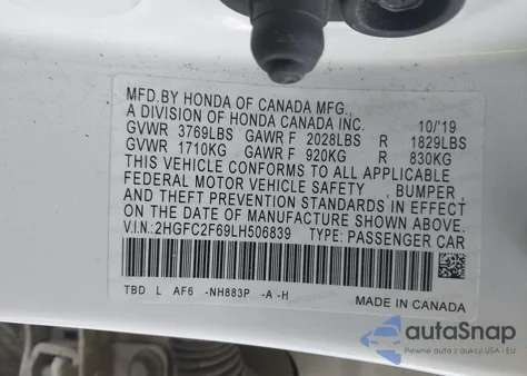 2020 Honda Civic Lx z USA, uszkodzony, nr VIN 2HGFC2F69LH506839